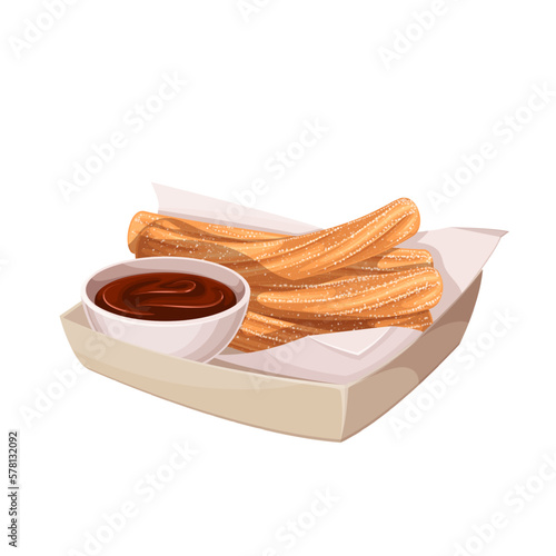 Churros pile in paper box with bowl of chocolate sauce vector illustration. Cartoon isolated container with heap of churro sticks in sugar powder cover for eating and dipping into cup of choco dip