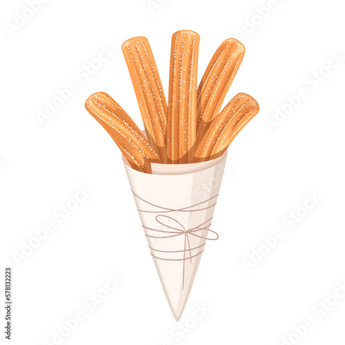 Churros heap in cone paper bag vector illustration. Cartoon isolated churro sticks in sugar powder cover wrapped in street food packaging tied with string, stack of traditional takeaway cakes