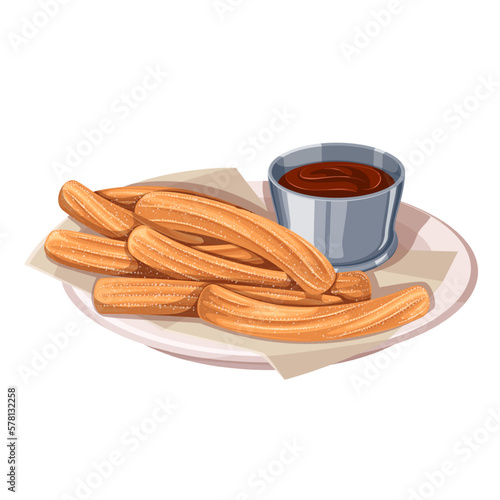 Churros heap and bowl of chocolate sauce on plate vector illustration. Cartoon isolated churro sticks in sugar powder cover, delicious dessert for breakfast food from fast food restaurant menu