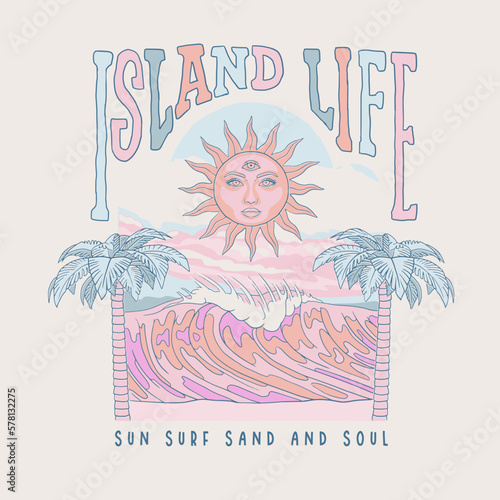 HAND DRAWN LANDSCAPE PSYCHEDELIC SUN 60S HIPPY TROPICAL OCEAN COASTAL BEACH SURF BRAND DESTINATION HOLIDAY VACATION TYPOGRAPHY VINTAGE TSHIRT TEE PRINT FOR APPAREL MERCHANDISE