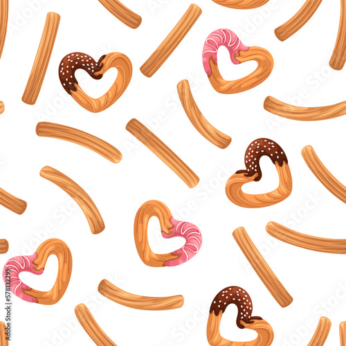 Churros seamless pattern vector illustration. Cartoon isolated churro sticks and hearts dipped in chocolate sauce and pink strawberry icing, delicious dessert in gourmet breakfast restaurant menu