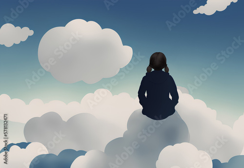 Wallpaper Mural little girl sitting on top of clouds daydreaming looking at sky horizon generative AI illustration Torontodigital.ca