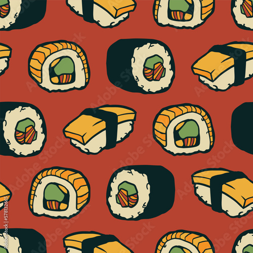 Colorful Sushi Drawings Seamless Vector Repeat Pattern