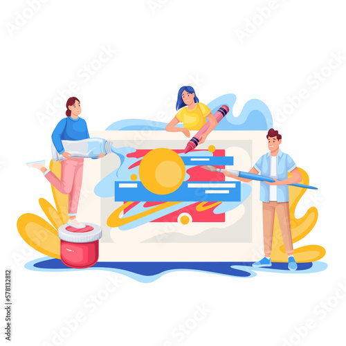 Art workshop in studio vector illustration. Cartoon tiny people hold artists tools for creative abstract visual art work on paper, artists draw and create with brush and paint tube, wax crayon