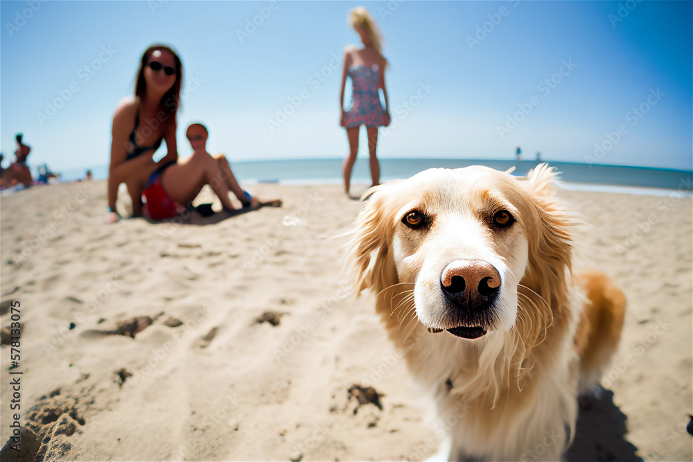 Dog on beach sunny summer day, people defocused in background, pet holidays concept. Generative AI Dog on beach sunny summer day, people defocused in background, pet holidays concept. Generative AI