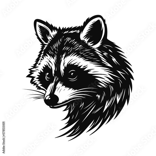 Raccoon head logo. Black and white sketch. Vector illustration
