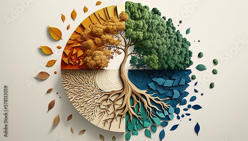Colorful dynamic round circle composition golden ratio tree roots leaves environmental art illustration painting background wallpaper created with generative AI technology