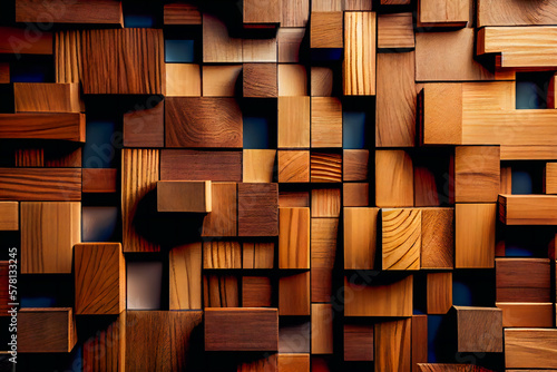 Creative Wooden Wall Surface with Square Tiles. Generative AI