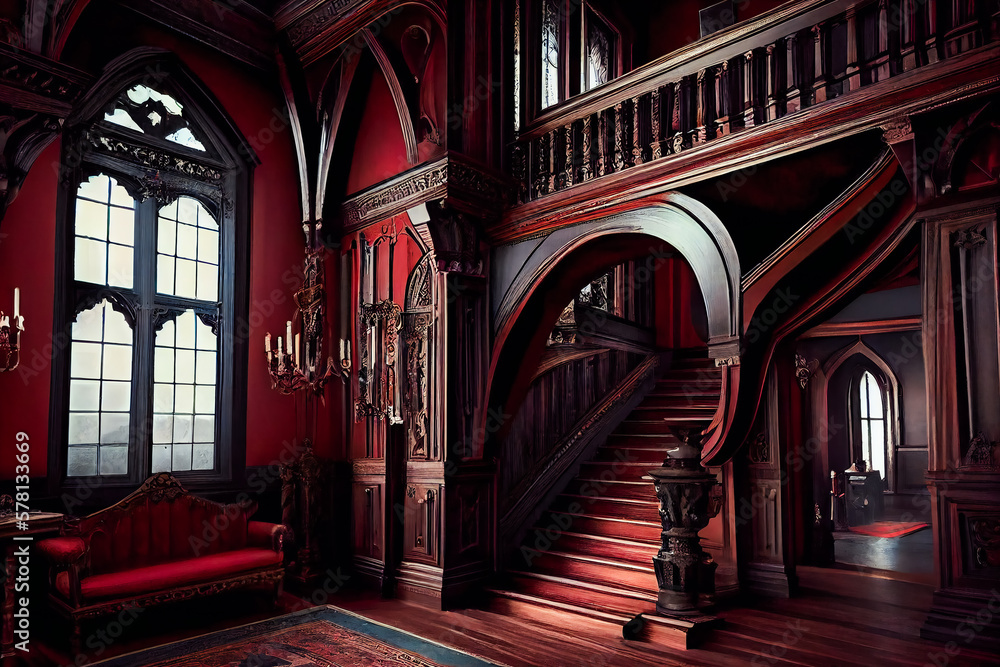 Fototapeta premium Elegant Gothic Exclusive Room with Red and Black Color Scheme and Beautiful Woodwork. Generative AI