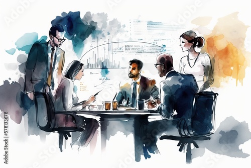 business meeting, office presentation, Watercolor illustration, Generative AI
