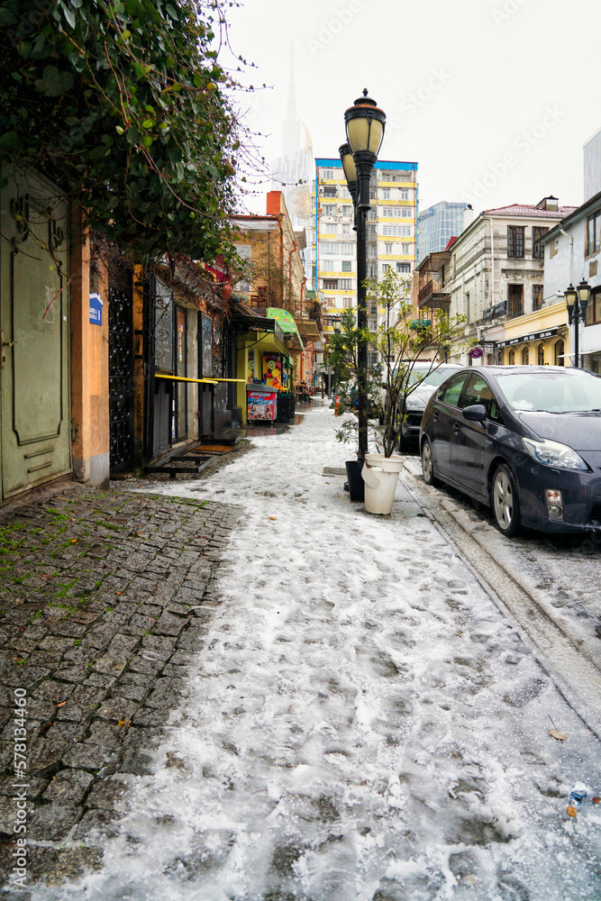 Batumi, Georgia - February 16, 2023: snow in the city