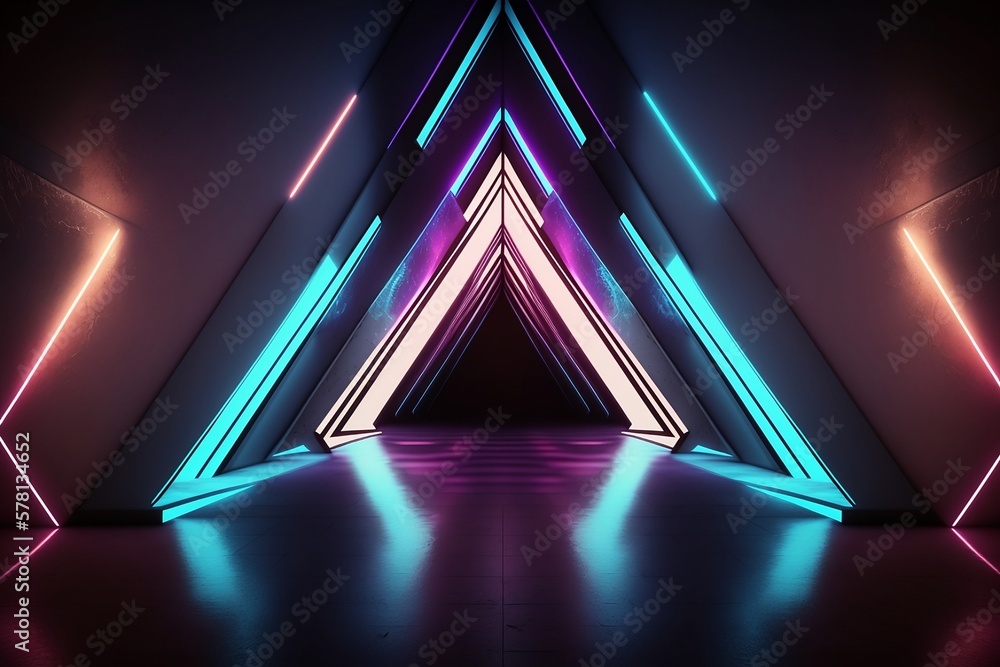 Neon Triangle Dance: Futuristic Sci-Fi Stage with Tilted Lines and Metal Reflective Surface. Generative AI - obrazy, fototapety, plakaty 