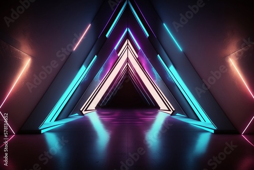 Photographie Neon Triangle Dance: Futuristic Sci-Fi Stage with Tilted Lines and Metal Reflective Surface