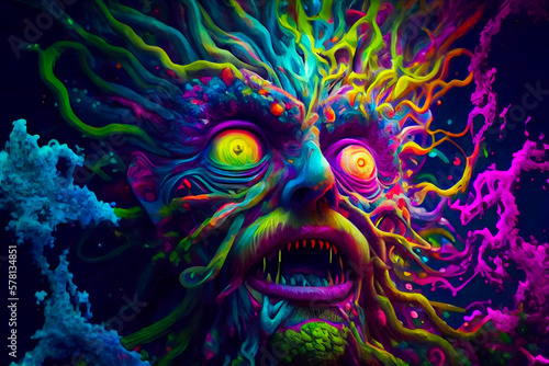 Horror Poster.  Mystical head.  psychedelic monster.  Generative AI. © EwaStudio