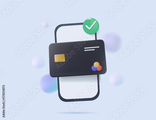 3d credit card online payment, pay with mobile phone, banking online payments icon concept. Transaction on phone with credit card. 3d mobile with financial bills receipt. 3d vector illustration