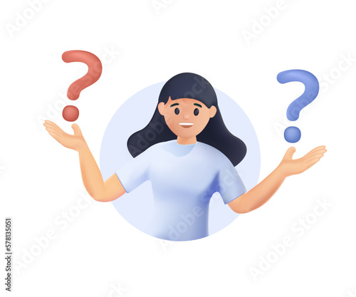 Make choice, decision 3D concept. Puzzled business woman doubting, deciding, setting priorities. Questioned employee thinking, analyzing two options. 3D render vector illustration isolated on white