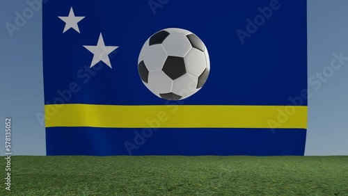 Soccer Football bouncing on grass colliding with viewer in front of Flag of Curacao