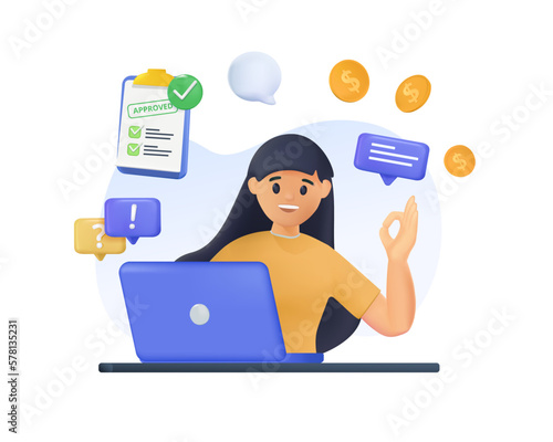 Accountant business woman employee at work 3D. Financial manager at computer desk. Businesswoman, office worker with finance accounting documents, mail. 3D render vector illustration isolated on white