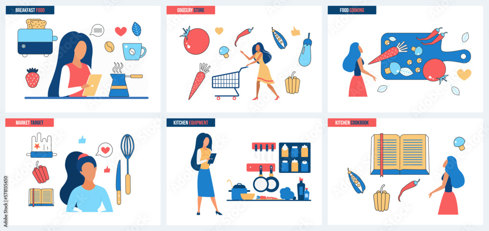 Cooking, shopping in grocery store set vector illustration. Cartoon tiny female characters cook homemade recipes of food in kitchen with appliances and chefs tools, healthy menu and culinary