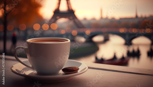 Warm cup of coffee in the window in Paris with the eiffel tower in the background. Generative ai