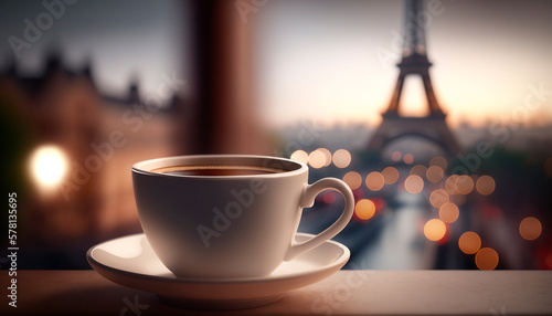 Warm cup of coffee in the window in Paris with the eiffel tower in the background. Generative ai