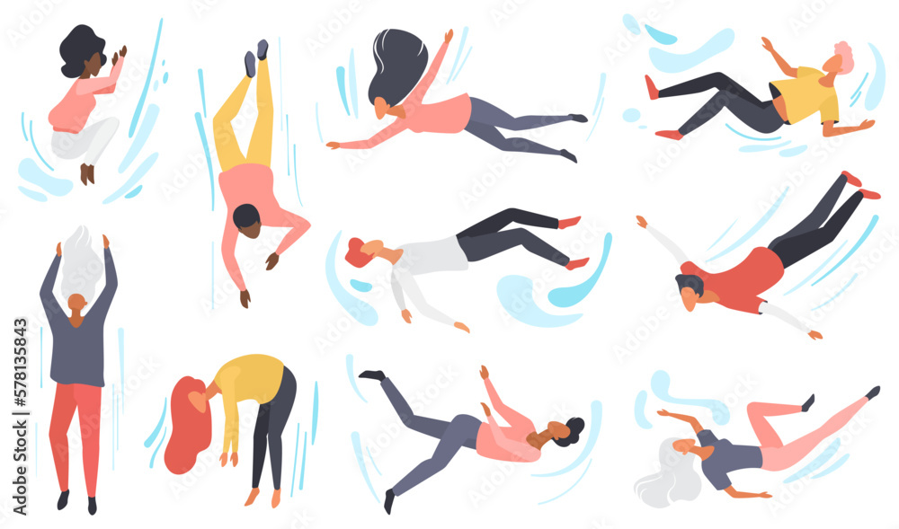 People fly set vector illustration. Cartoon isolated male and female characters flying and floating in air, man and woman falling in different poses, energetic free flight movement collection