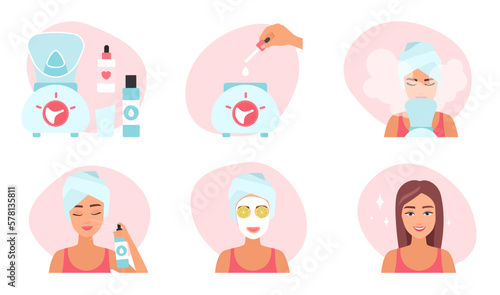 Face spa set vector illustration. Cartoon facial treatment for girls in headband infographic collection with aroma diffuser machine and oil for diffusion aromatherapy, skincare products and tools
