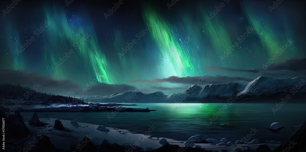 Colorful Aurora Borealis Northern Lights. Streaming color over winter landscape. Mountains, trees, lake at night. Natural wonders background wallpaper.