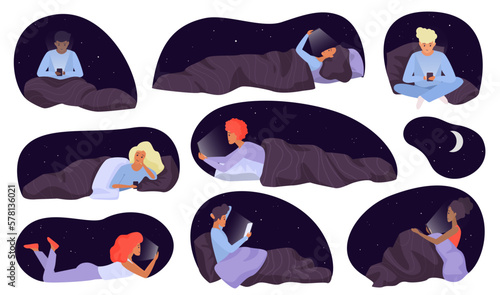 People using mobile phones in bed set vector illustration. Cartoon isolated night scenes with sleepy male and female characters lying with smartphones, person watching on blue screen of cellphone