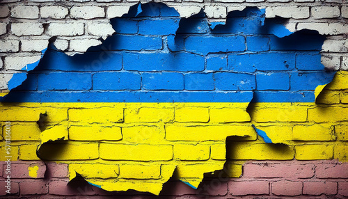 Destroyed brick wall  brick wall painted in the colors of the ukrainian flag - blue and yellow. Ai llustration  fantasy digital  artificial intelligence artwork 