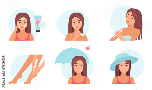 Skin protection with sunscreen set vector illustration. Cartoon girls apply cream or lotion applications with UV filters on skin of face and body, protect health from sun with umbrella and hat