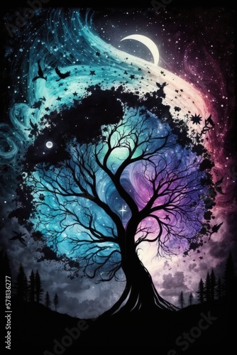 Abstract colorful swirl galaxy into a fantasy magical tree. Enchanted night cosmos design. Star nebula silhouette.