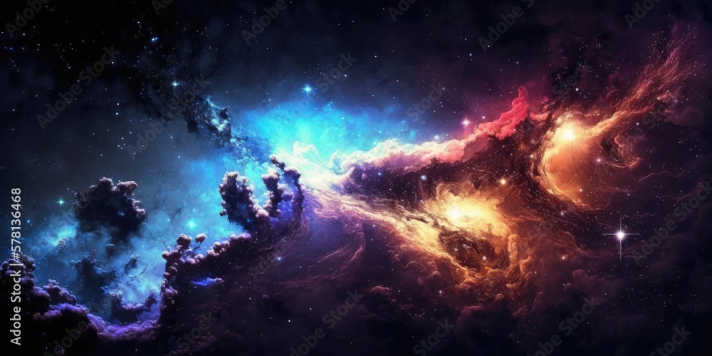 Universe, galaxy, space background. Nebula, planets, starts, suns, and planets colorful wallpaper. Science, astronomy telescope view.
