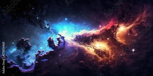 Universe, galaxy, space background. Nebula, planets, starts, suns, and planets colorful wallpaper. Science, astronomy telescope view.