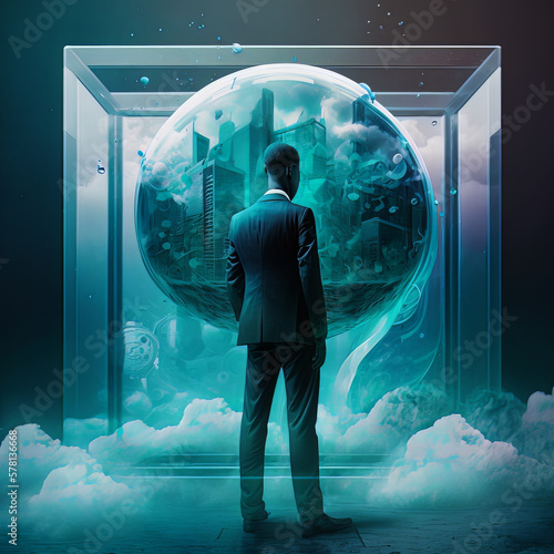 A business man, wearing an expensive suit gazing through a portal in a box, he is lloking at a city. conceptual art, including atmospheric smoke and rain droplets. created using ai tools photo