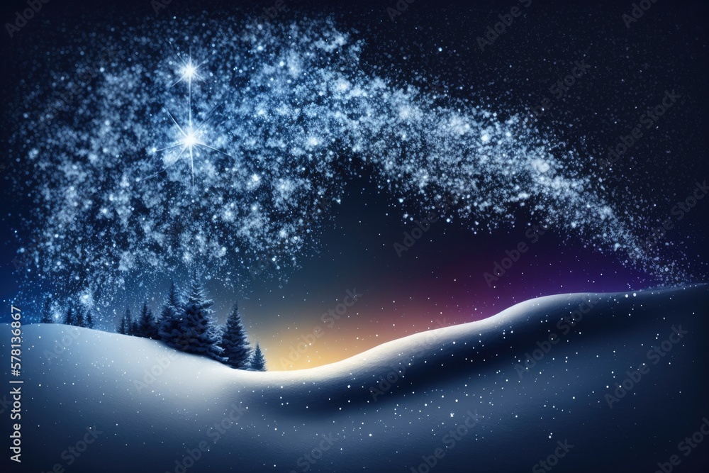 Naklejka premium Abstract colorful winter wonderland. Night sky with sparkling snow and gusting snowflakes. Stars and lights over icy background wallpaper.