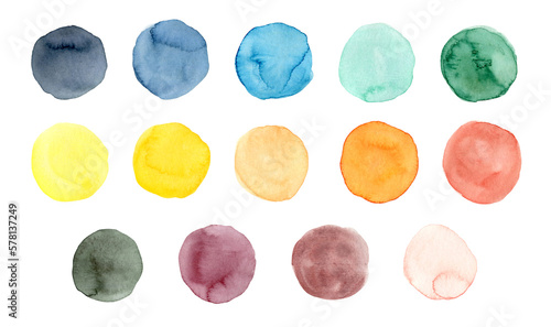 Collection of vibrant colorful watercolor circles isolated on white background. Cute bright textured hand painted round elements for kids textile design  wrapping paper  stickers  labels