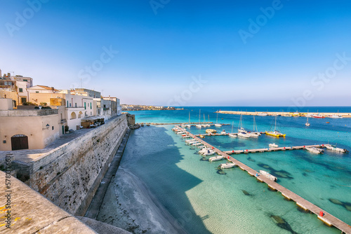 Breathtaking view on harbour of Otranto in Italy with lots of boats and yachts.