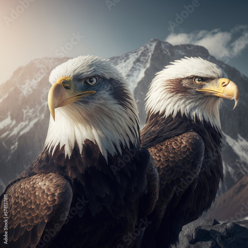 Couple of bald eagles curious in the wild looking at the camera. Wide Angle - Generative ai