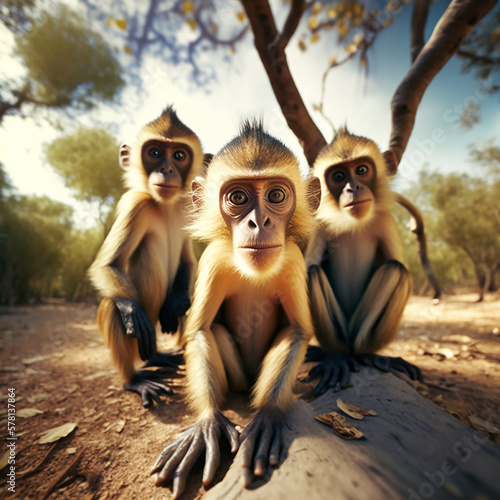 Couple of young bonnet macaques in the wild looking at the camera. Wide Angle - Generative ai
