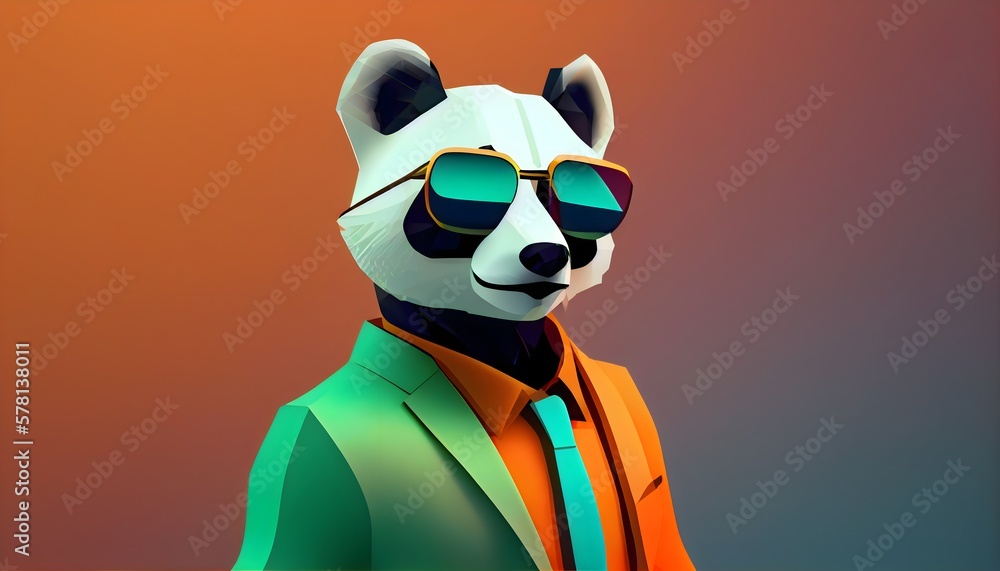 Fashion panda in color suit with sunglasses on a solid color background, vector art, digital art, faceted, minimal, abstract, geometric. Generative AI.
