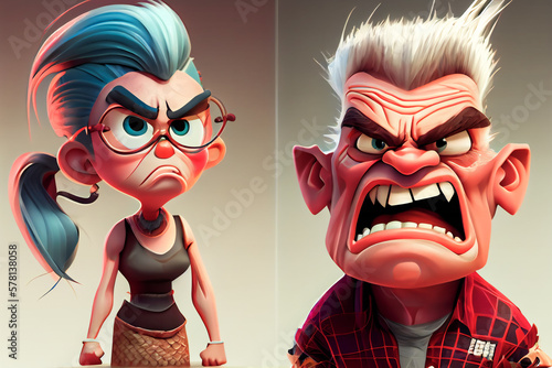 Very Angry Human Cartoon.  Unhappy Peoples.  Furious Persons. Generative AI