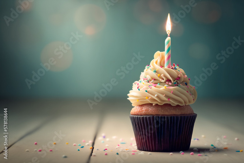 Tempting birthday cupcake with a flickering candle on light background. Generative AI