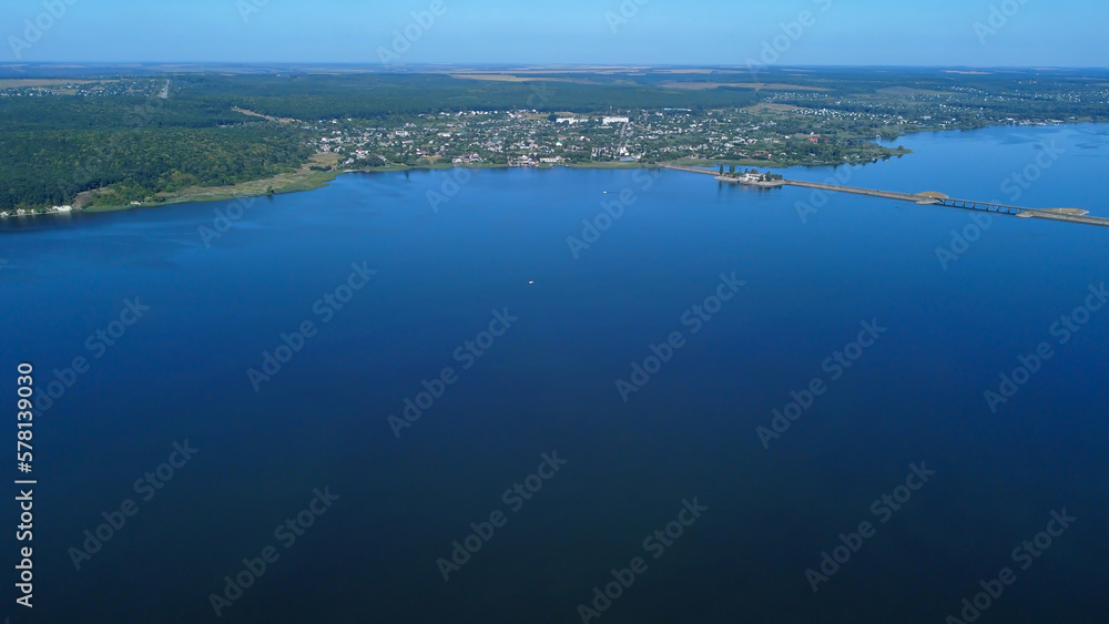 Reservoir on the Seversky Donets near Stary Saltov. View of the dam. Drone photo Reservoir on the Seversky Donets near Stary Saltov. View of the dam. Drone photo