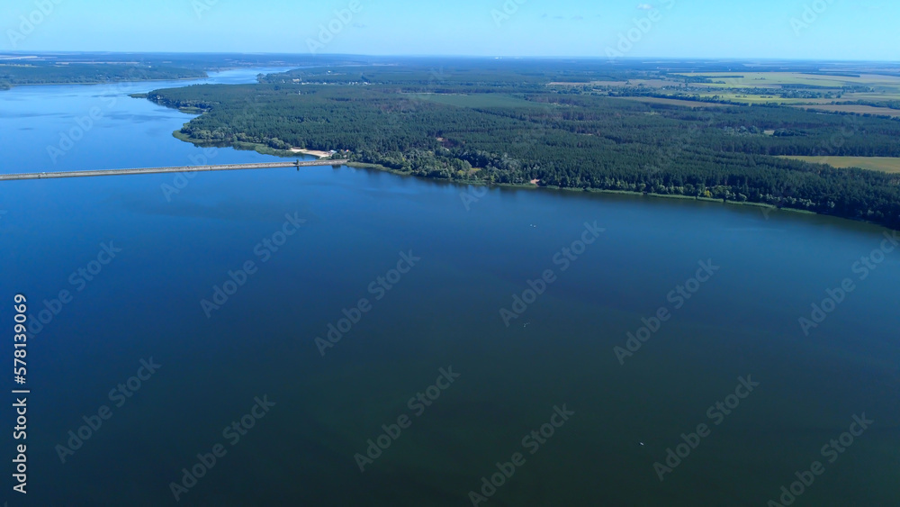 Reservoir on the Seversky Donets near Stary Saltov.  View of the dam.  Drone photo