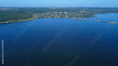 Reservoir on the Seversky Donets near Stary Saltov. View of the dam. Drone photo