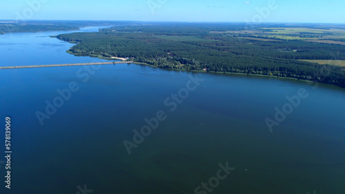 Reservoir on the Seversky Donets near Stary Saltov. View of the dam. Drone photo