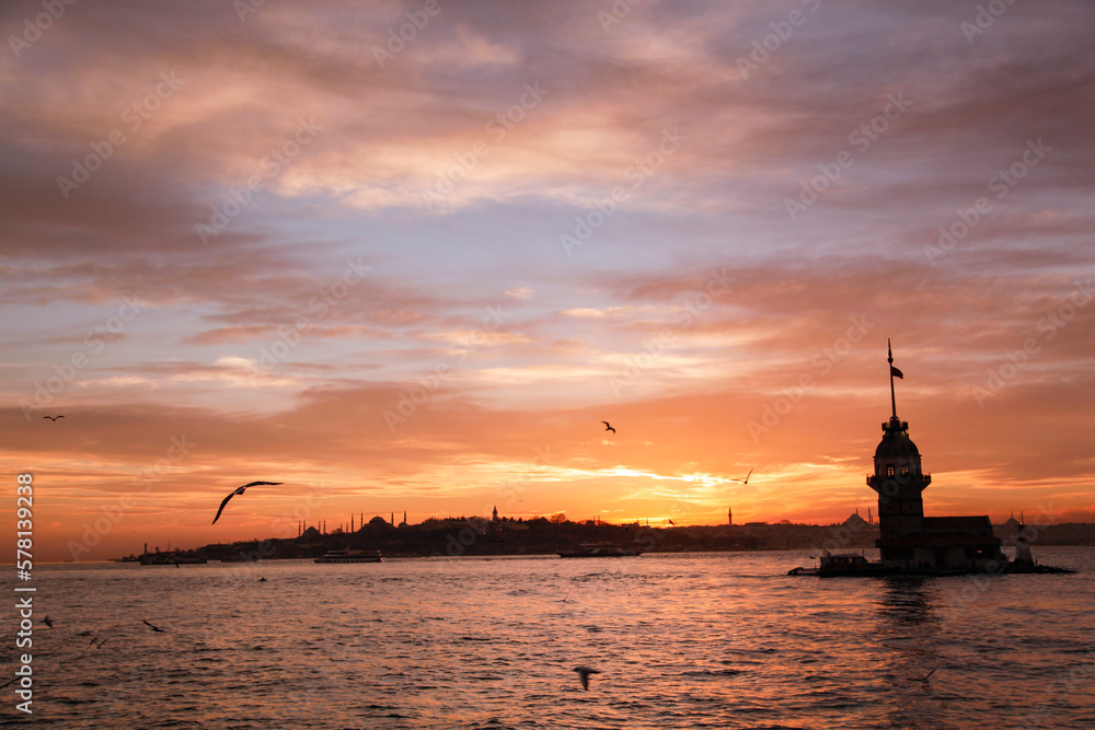 Sunset Colors in the Maidens Tower Drone Photo, Uskudar Istanbul , Turkiye Sunset Colors in the Maidens Tower Drone Photo, Uskudar Istanbul , Turkiye