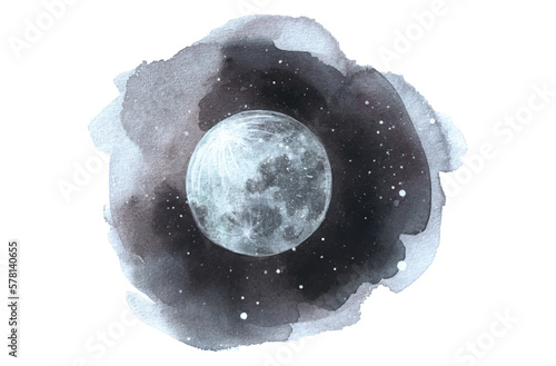 Abstract watercolor night sky with full moon illustration