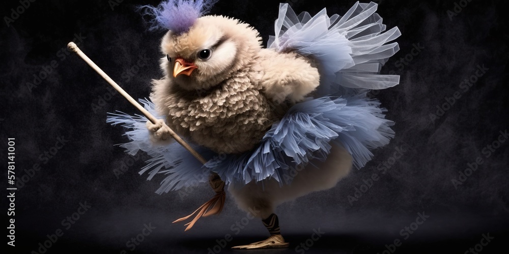 chicken wearing a tutu dancing with broomstick, concept of Playful and